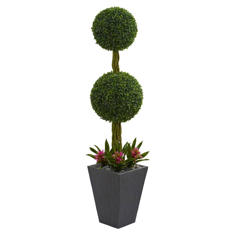 5ft Double Boxwood Ball Topiary Artificial Tree in Slate Planter with UV Resistant Greenery and Faux Flowers Accent