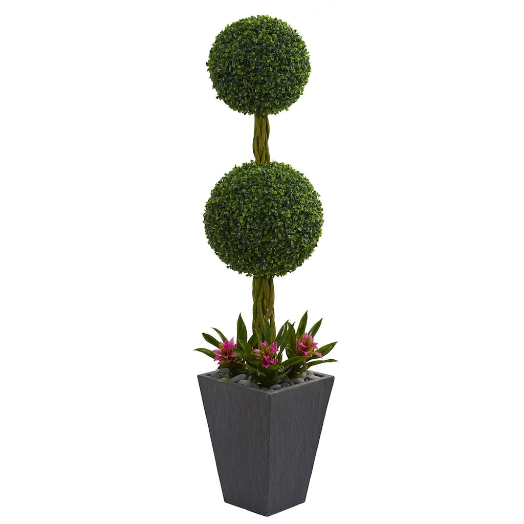 5ft Double Boxwood Ball Topiary Artificial Tree in Slate Planter with UV Resistant Greenery and Faux Flowers Accent