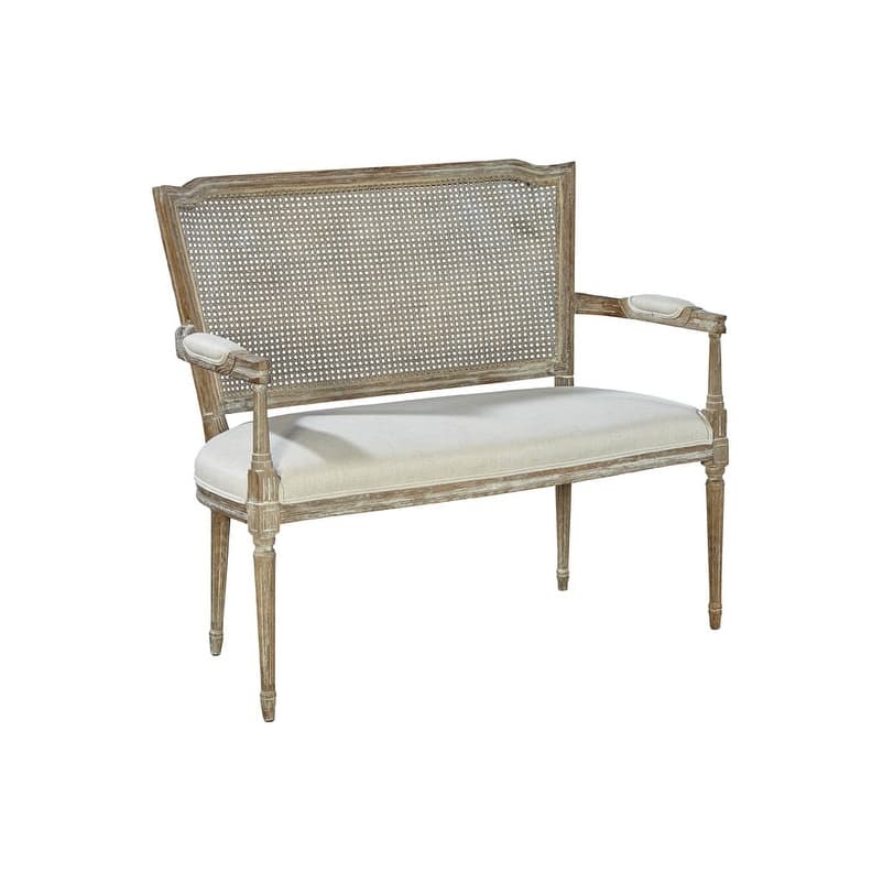 Vineland Victorian Oak & Cane Settee with Linen Upholstery - Gray