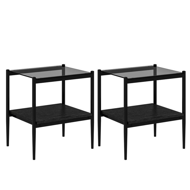 Set of 2 Rectangle End Table Tempered Glass Tabletop with MDF layer