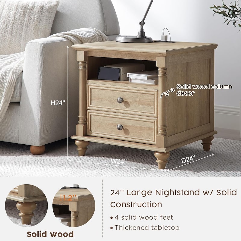 Farmhouse End Table, Sofa Side Table with Charging Station, Nightstand