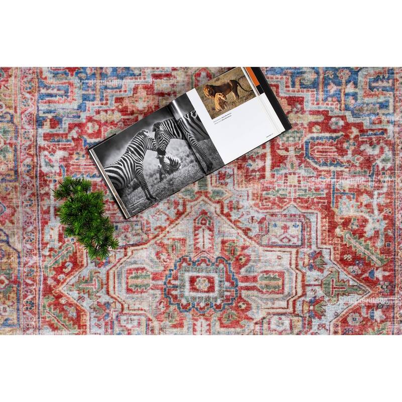 Machine Washable Collection Red/Blue/Orange/Beige Abstract Area Rug