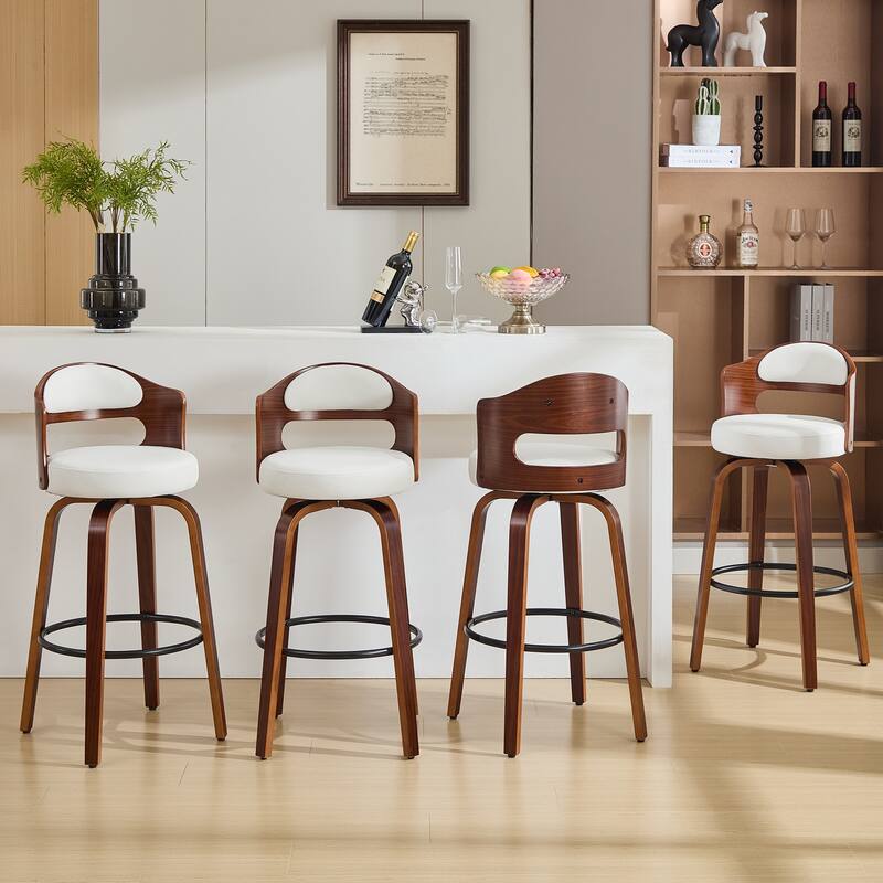 26"/29" Swivel Faux Leather Upholstered Bentwood Counter or Bar Height Stools, Set of 2/4 - Set of 4 - White - Counter Height