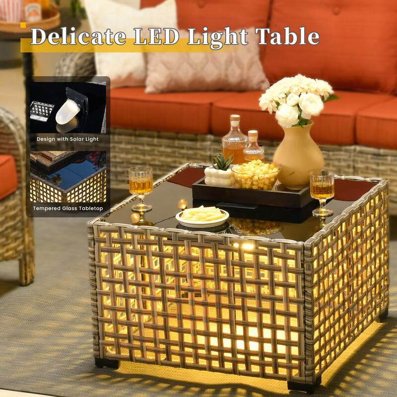 HOOOWOOO 8-piece Patio Wicker Rattan Swivel Rocking Chair Set with Solar-powered Table