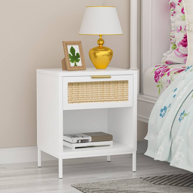 Anmytek Mid-Century Modern 1-Drawer White Nightstand Wood Bedside Table with Storage Shelf for Bedroom
