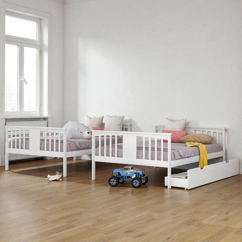 Twin Over Twin Bunk Bed with Ladder, Solid Wood Low Bunk Bed Frame with Guardrails, Space-Saving Design for Kids Bedroom