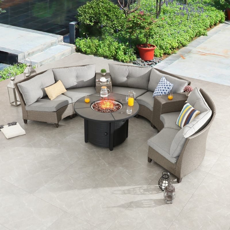 Patio Festival 9-Piece Outdoor Fire Pit Wicker Conversation Set