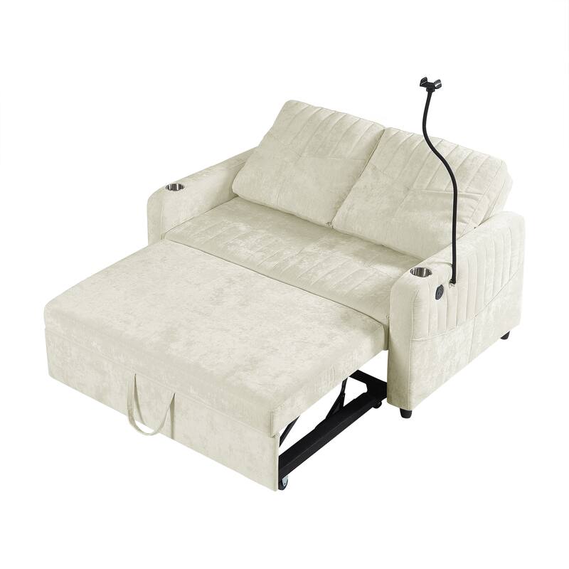 Chenille Loveseat Convertible Pull-out Sleeper Sofa Bed, Tufted Couch w2 Cup Holders Phone Holder & 3 USB Ports, Pockets