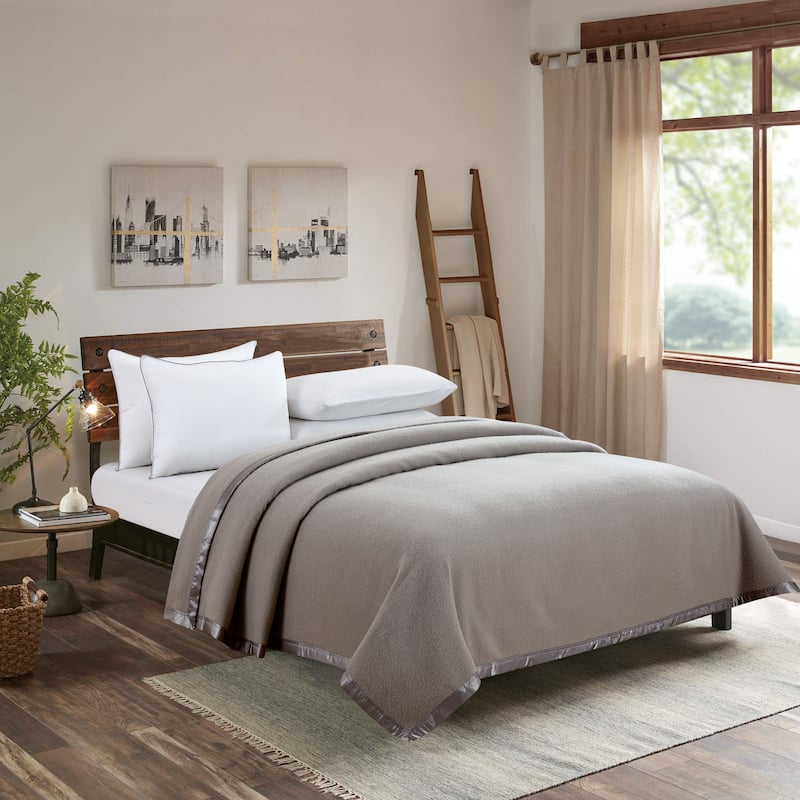 100% Merino Wool Blanket with Satin Border - Full/Queen - Grey
