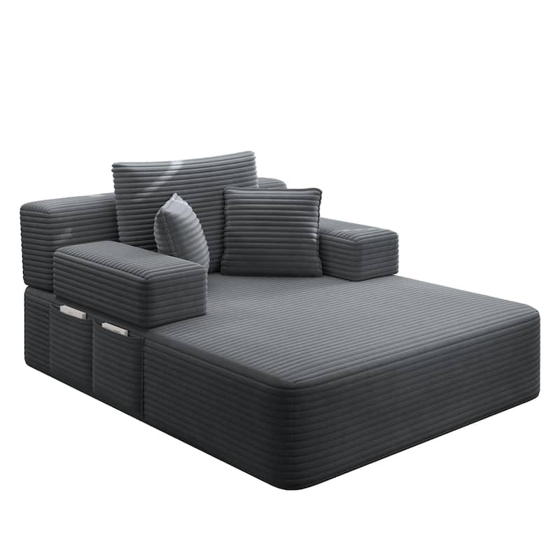 Luxurious Plush Corduroy Chaise Lounge Convertible Sofa Bed with Storage Pocket and Wide Armrests