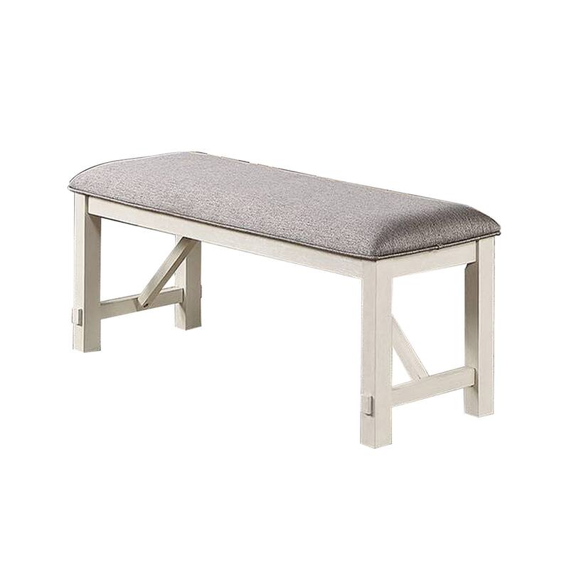 Lexi 50 Inch Dining Bench, Fabric Padded Seat, Rubberwood, Gray and White - Grey