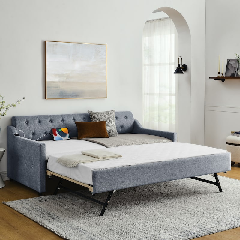 Grey Twin Size Upholstery Daybed with Twin Size Erectable Trundle and USB Charging Design - Grey