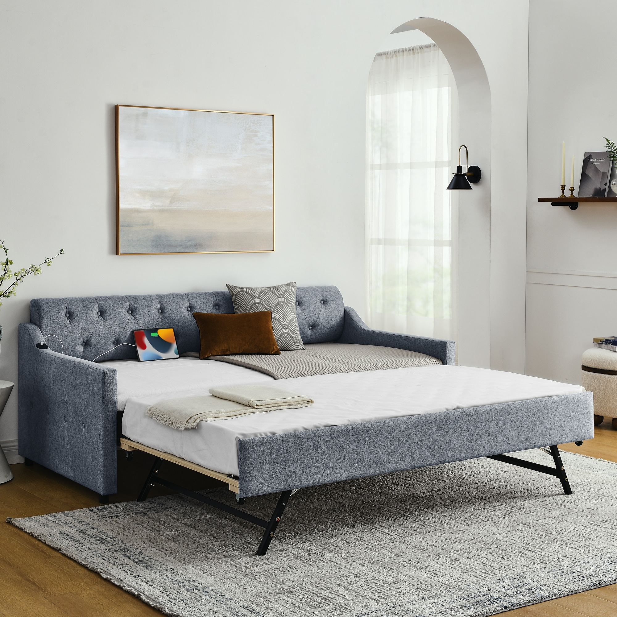 Twin Size Upholstery DayBed with Twin Size Erectable Trundle and USB Charging Design