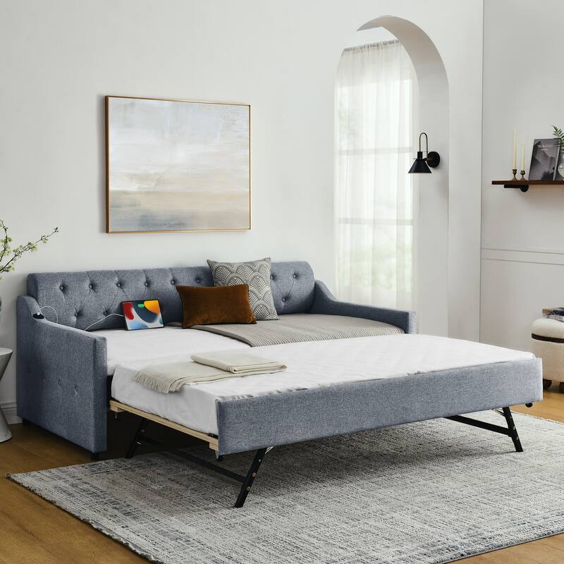 Twin Size Upholstery DayBed with Twin Size Erectable Trundle and USB Charging Design