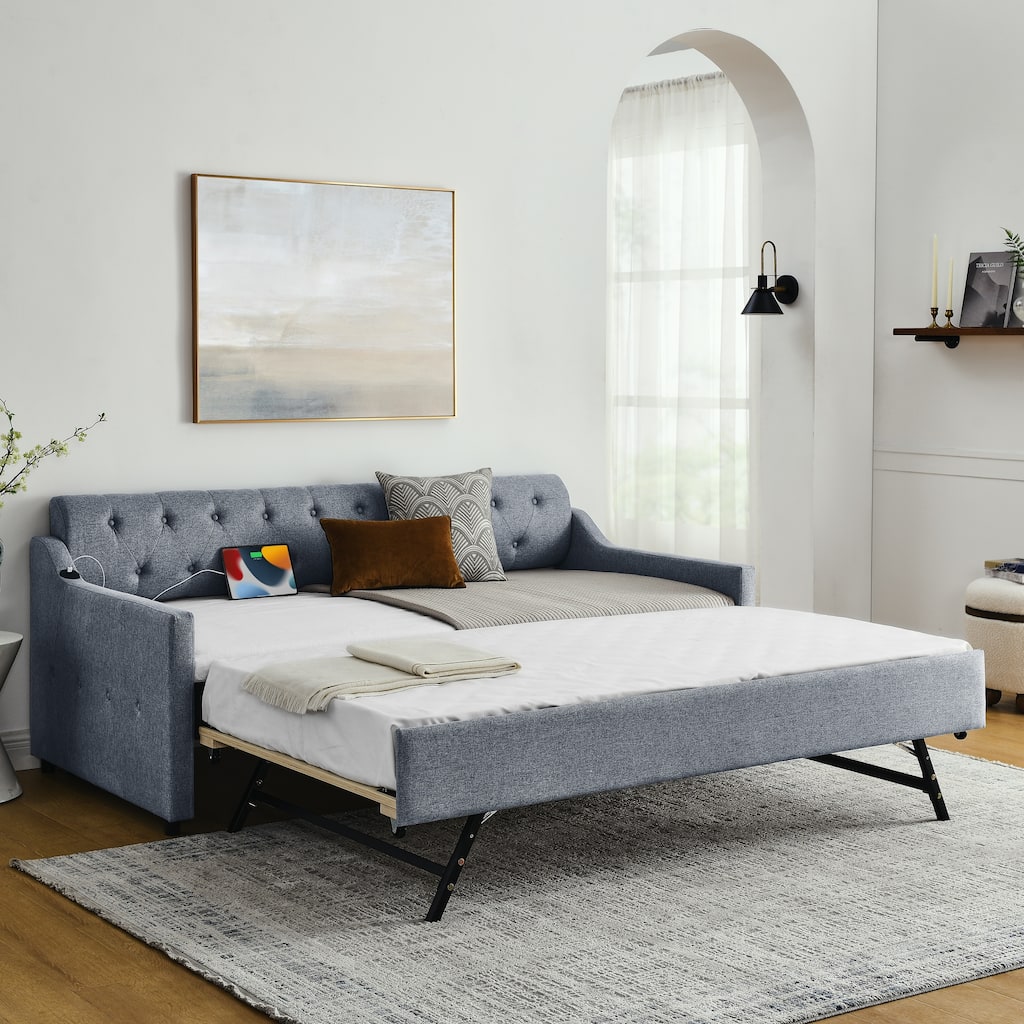 Twin Size Upholstery DayBed with Twin Size Erectable Trundle and USB Charging Design