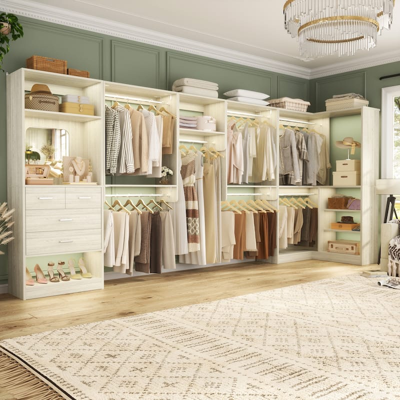 Set of 4/ 5 Modular Closet System with Drawers and Mirror, Corner Closet Organizer with Hanging Rods and Shelves