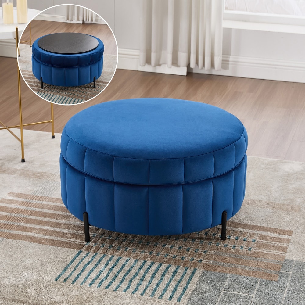 31.5"W Upholstered Round Ottoman With Reversible Lid, Velvet Storage Stool, Channel Tufted Pumpkin-shape Footstool