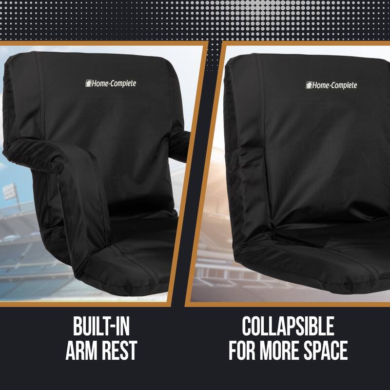 Stadium Seat Chair - Bleacher Cushion with Padded Back Support Armrests by Home-Complete (Black) - 15.5" x 15.5"