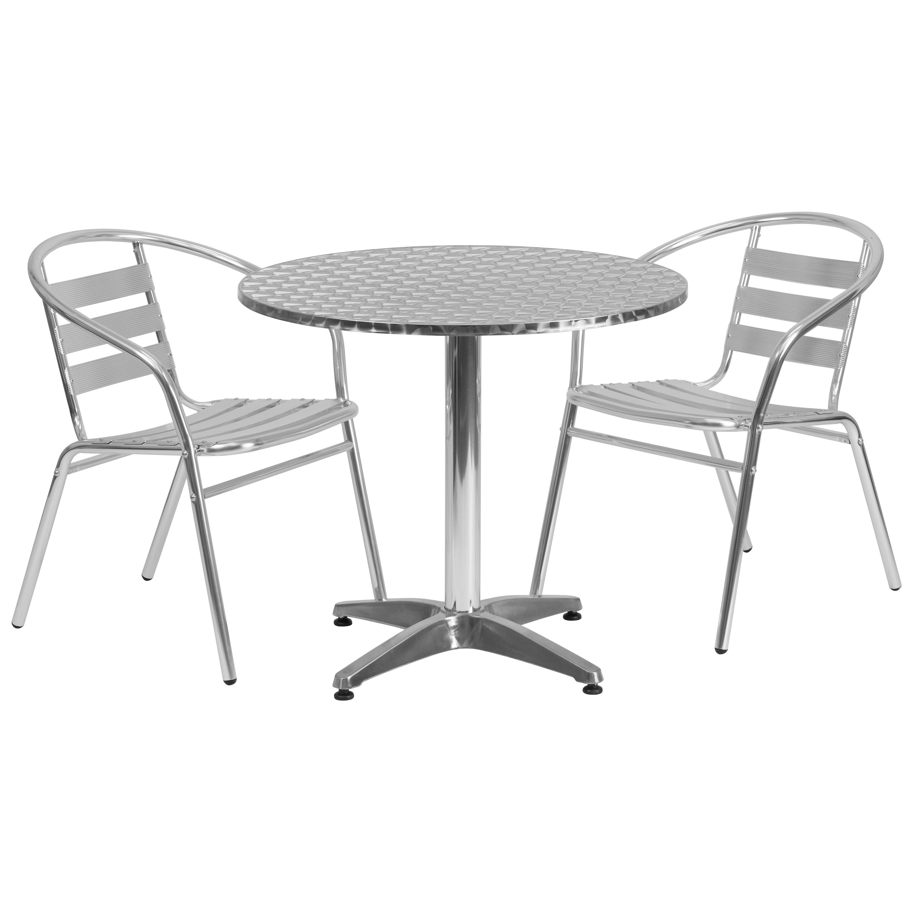 31.5" Round Aluminum Indoor-Outdoor Table Set with 2 Slat Back Chairs - 31.5"W x 31.5"D x 27.5"H