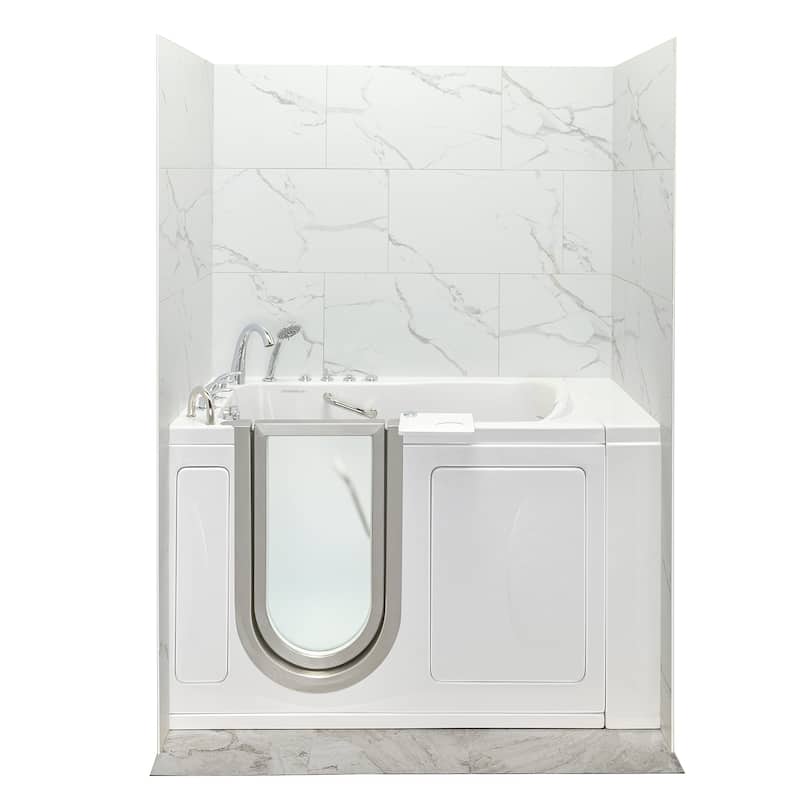 Elite 30" x 52" Acrylic Air and Hydro Massage Walk-In Tub, Inswing Door, Fast Fill Faucet, 2" Dual Drain, Carrara Wall Surround - Left Drain - Standard