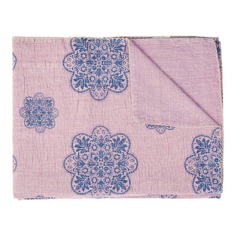 HomeRoots 50" X 70" Black And Blue Ikat Cotton Quilted Kantha Throw Blanket with Embroidery