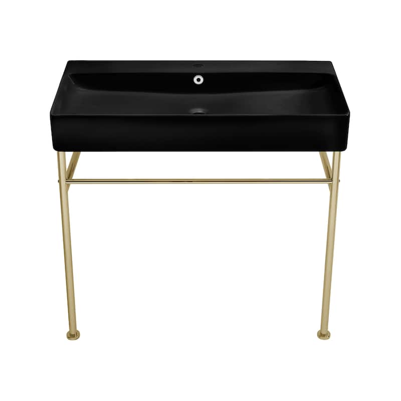 Charme 36 Ceramic Console Sink Matte Black Basin Gold Legs - 35.45" x 16.35" 35.45"