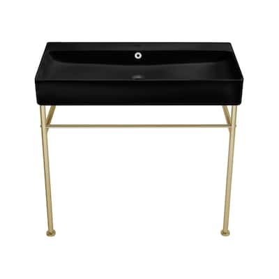 Charme 36 Ceramic Console Sink Matte Black Basin Gold Legs - 35.45" x 16.35" 35.45"