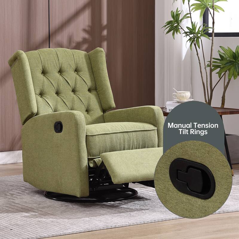 Olive Green Linen 360° Swivel Glider Rocker Manual Recliner with Button-tufted Backrest and Footrest for Living Room, Bedroom