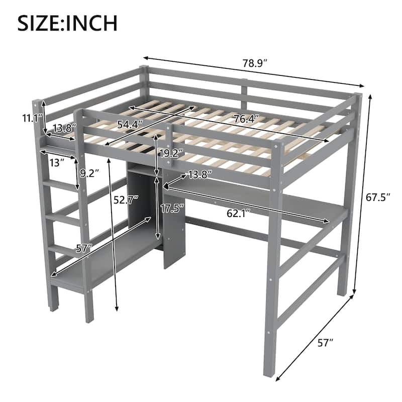 Full Size Loft Bed with Multi-Use Shelving & Underbed Study Desk ，Space-Saving College Dorm Bed with Storage Shelves