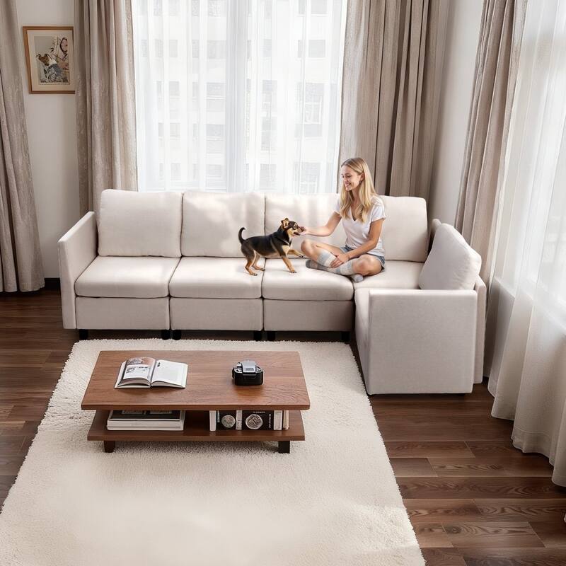 Beige Cotton-Linen Modular Sectional Sofa with Storage, Kid-Friendly Cushions and Wood Frame