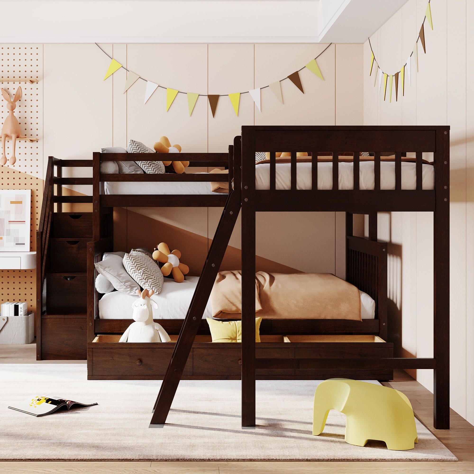 Twin Over Full L Shaped Triple Bunk Bed With 3 Drawers Ladder and Staircase
