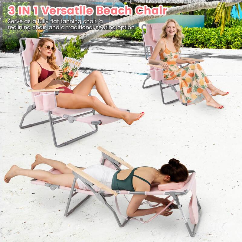 Costway 1/2 PCS 3-IN-1 Foldable Beach Chair with Face Hole, Footrest,