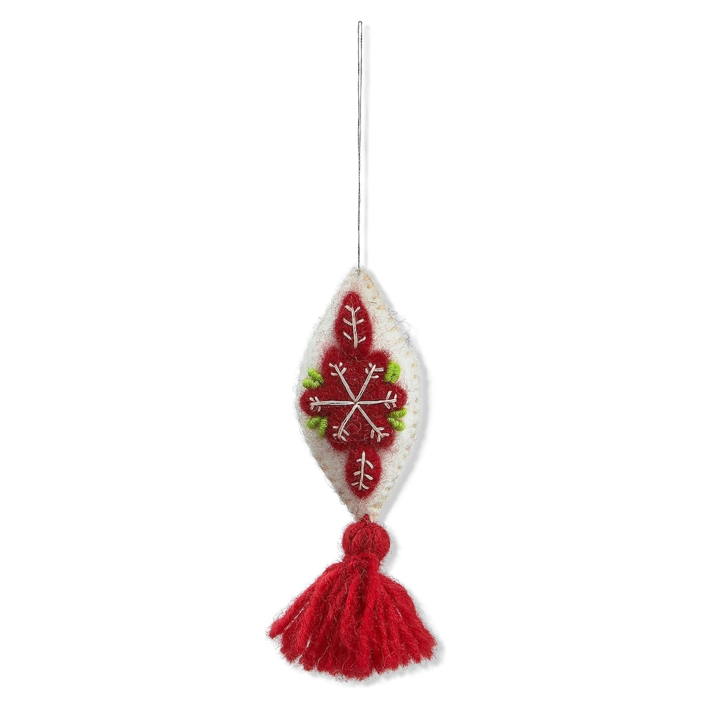 Hand Stitched Red Felt Tassel Tree Ornaments - Holiday Decor for Christmas - Indoor Use - 5" L x 2" W x 0.5" H