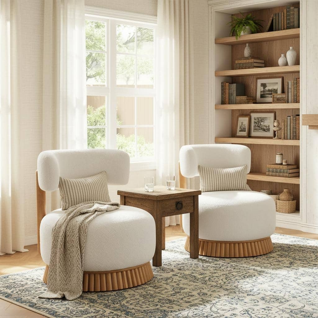 Modern Farmhouse Bouclé Armless Chair with Straw-Inspired Wood Base by Harper&Bright Designs