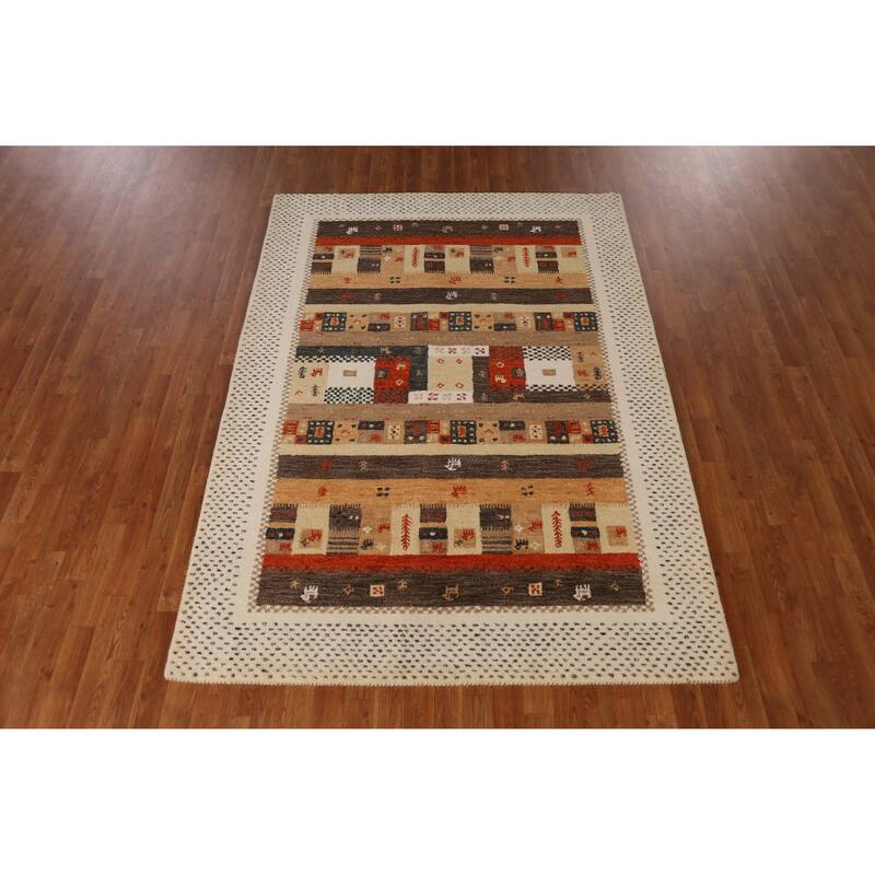 Geometric Gabbeh Indian Area Rug Brown Hand-Tufted Wool Carpet - 5'3" x 7'7"