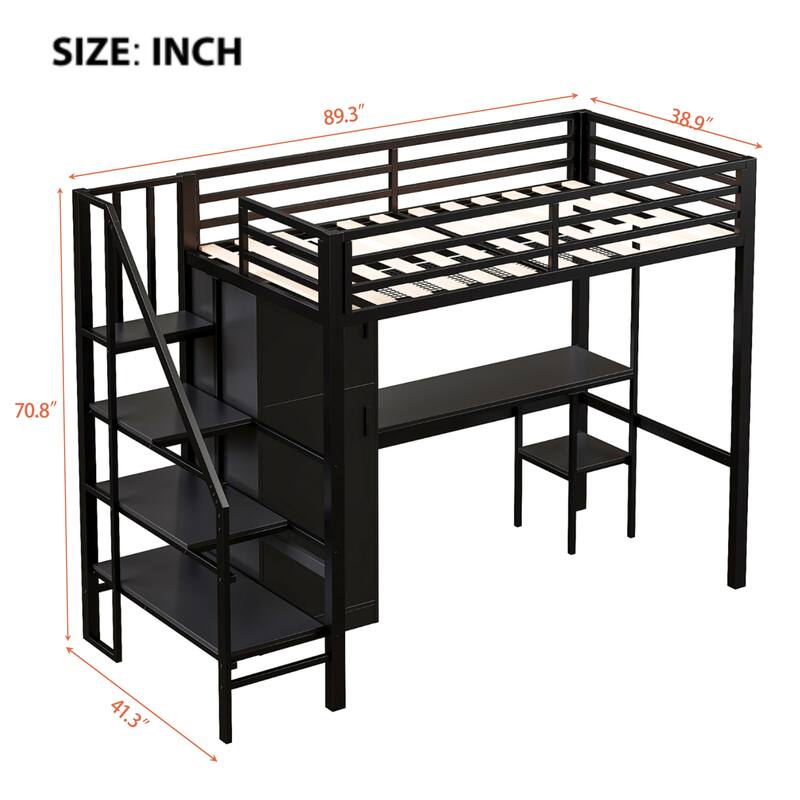Full-Size Metal Loft Bed with Built-in Wardrobe, L-Shaped Desk, Charging Ports, and Multi-Layer Storage Shelves