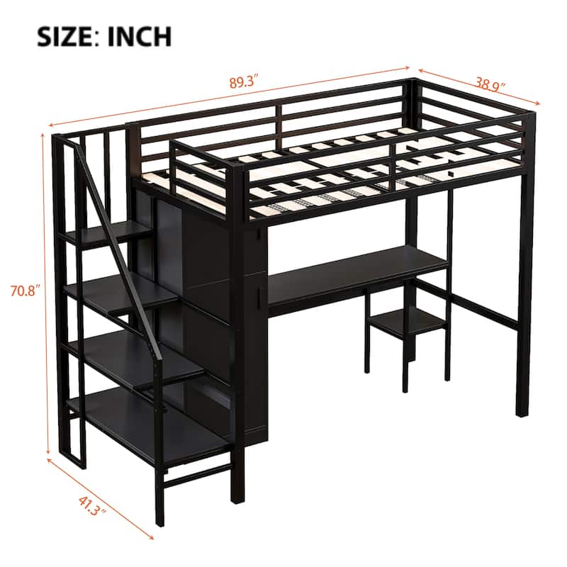 Twin Size Loft Bed with Storage Ladder, Metal Loft Bed Frame with Large Wardrobe & Desk for Teens Kids, No Box Spring Needed