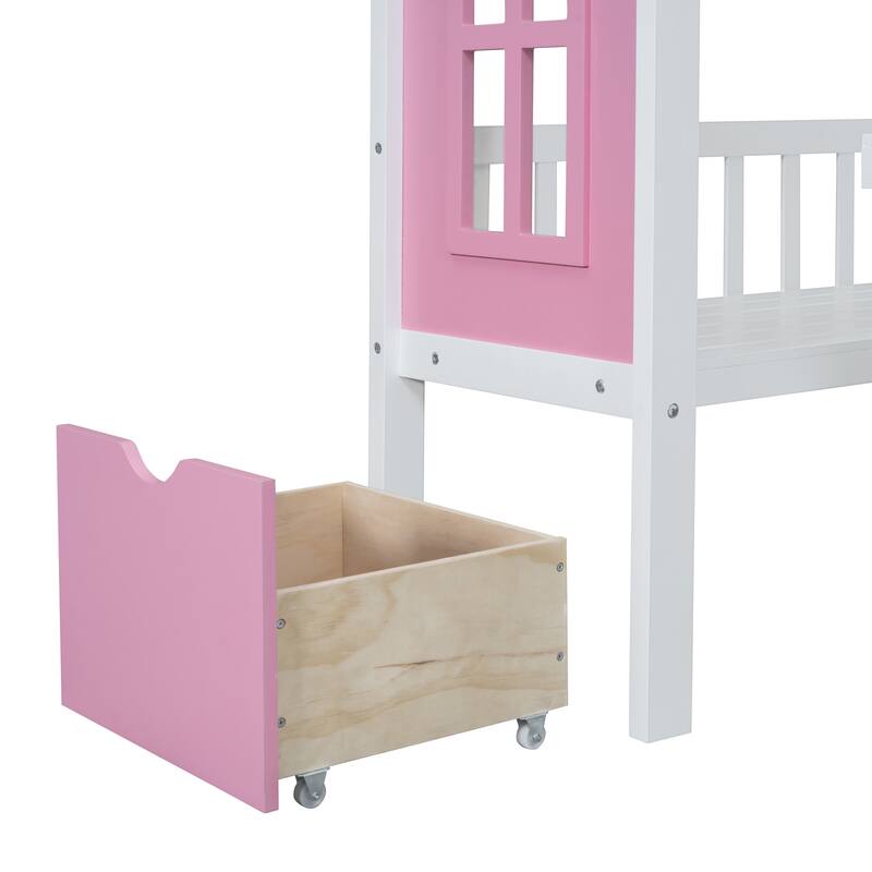 Convertible Twin-Over-Twin Bunk Bed with Desk, Pink