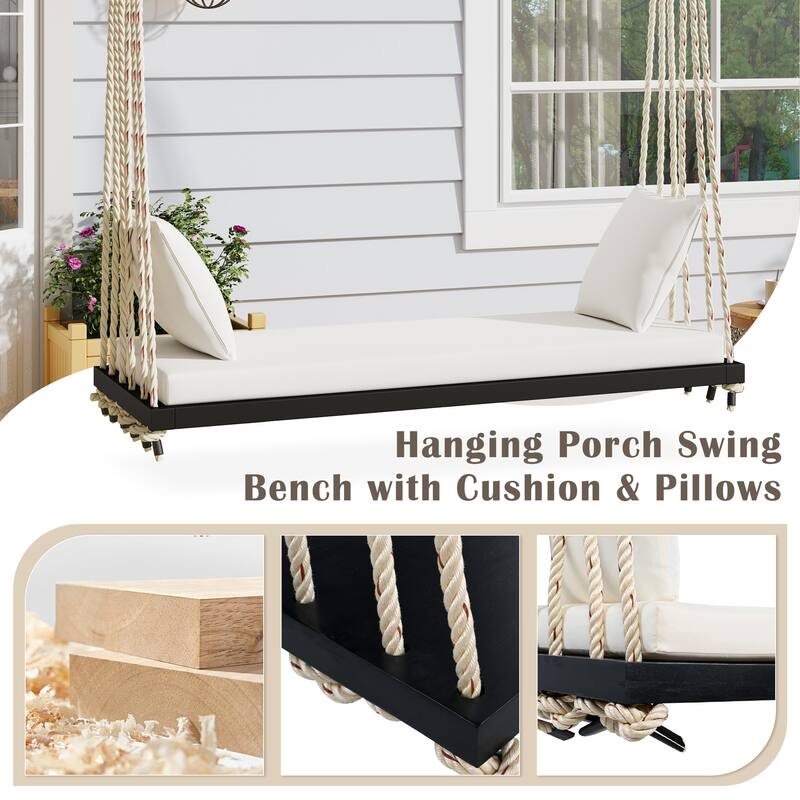 Acacia Wood Swing Chair, Hanging Porch Bench with Cushion & Pillows, 400lb Capacity & 10.8ft Ropes