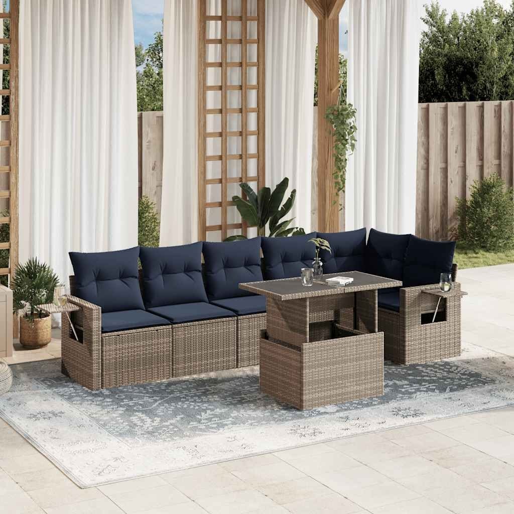 vidaXL 7 Piece Patio Sofa Set with Cushions Black/Gray Poly Rattan - 24.4 x 24.4 x 27.2
