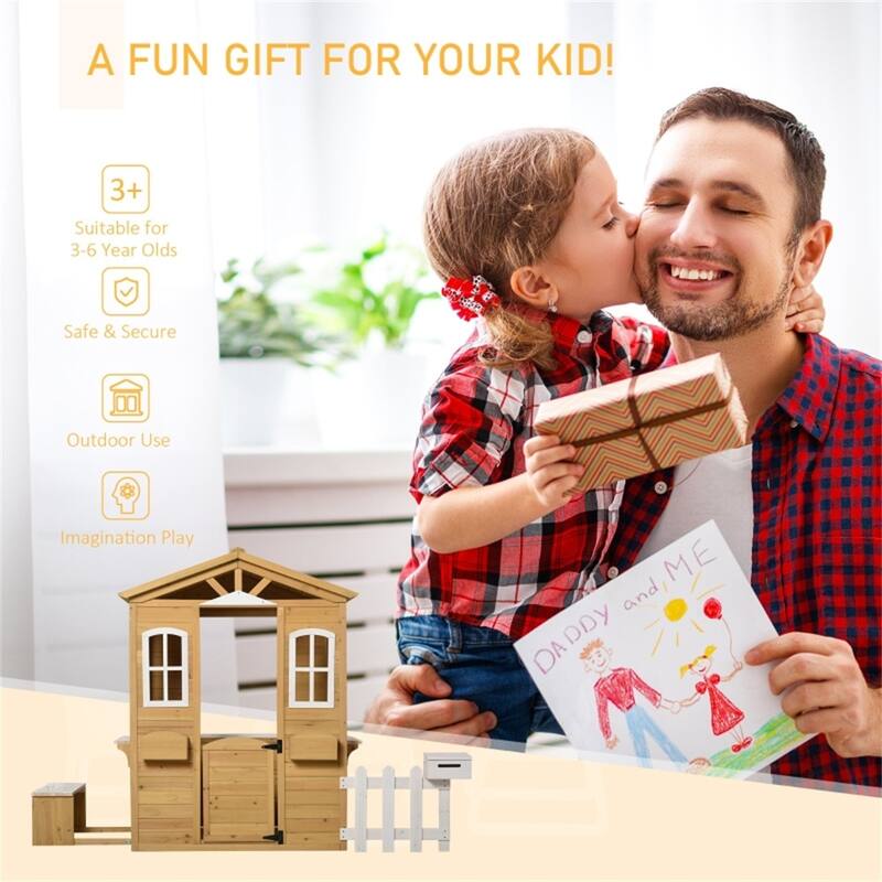 Natural and White Wooden Kids Outdoor Playhouse with Fence Mailbox Flowerpot Holders and Bench for Ages 3 to 8