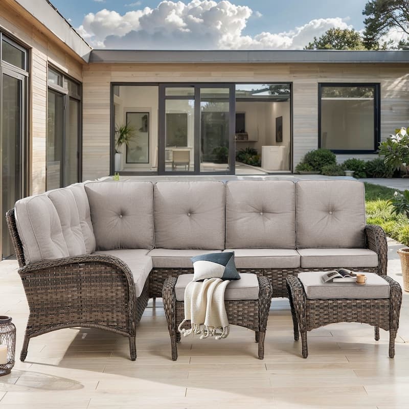 Gymojoy L-Shaped Outdoor Sectional Sofa Set with Wicker Ottomans - Beige - 3-Piece