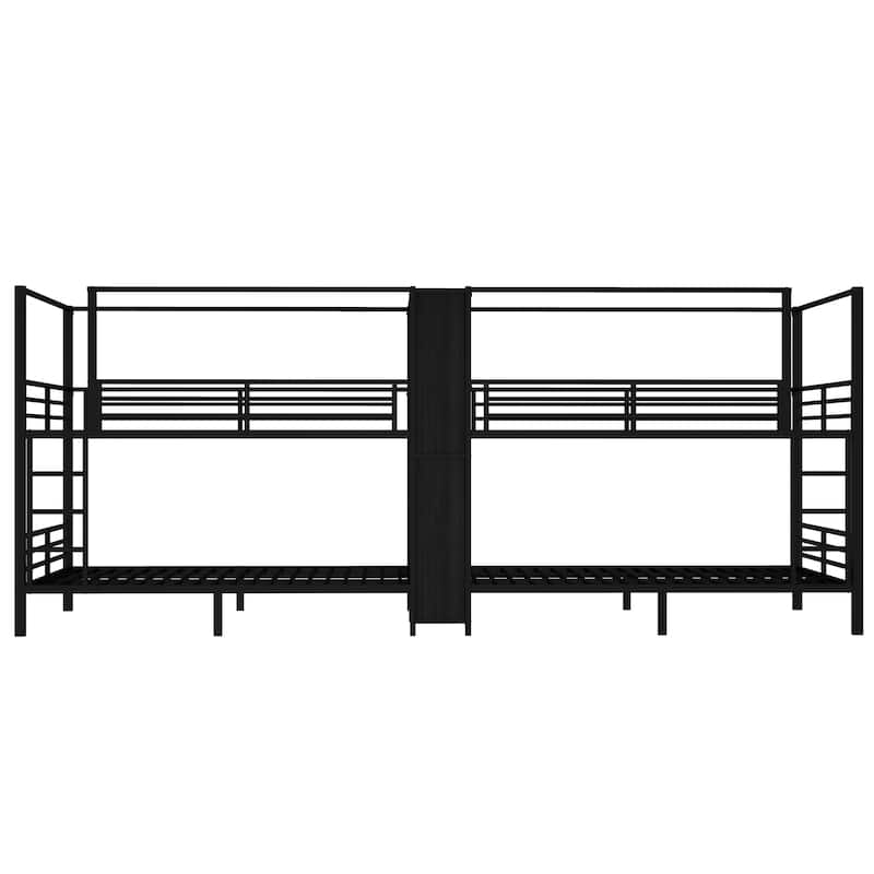 Queen Size Quadruple Metal Bunk Bed with Built-in Storage Shelves & Wardrobe, Sturdy Frame, Black