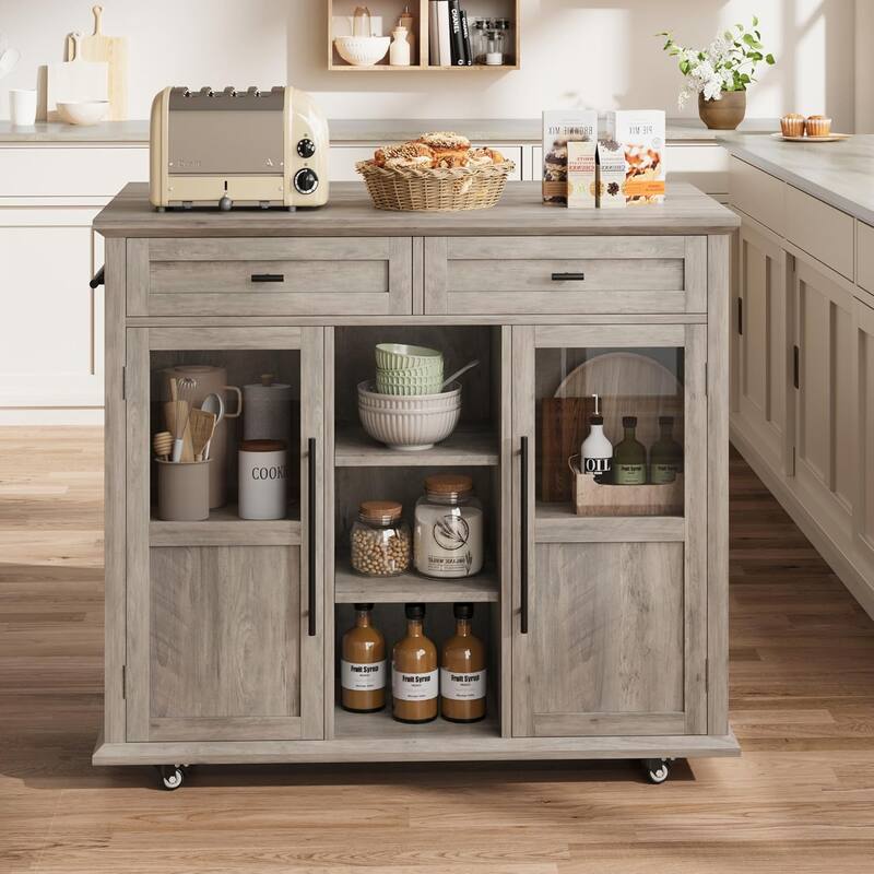 Kitchen Island with Storage,41 Inch Drop Leaf Table with 3 Storage Options - Grey
