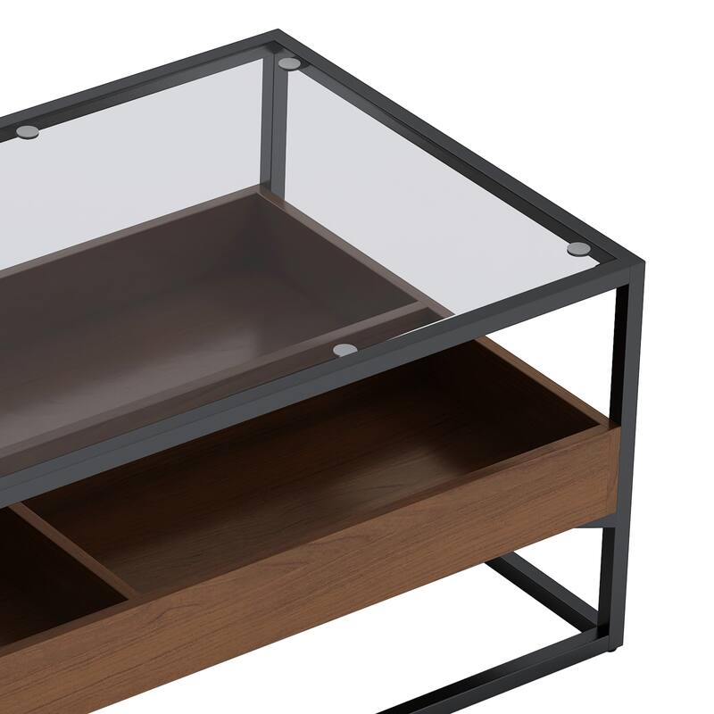 Glass Coffee Table with storage shelf and metal table legs