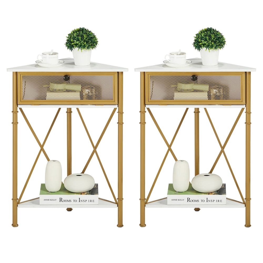 Javlergo Set of 2 Triangle Corner Side Table with Mesh Flip Top Storage Stable X-Frame Corner Table for Small Spaces