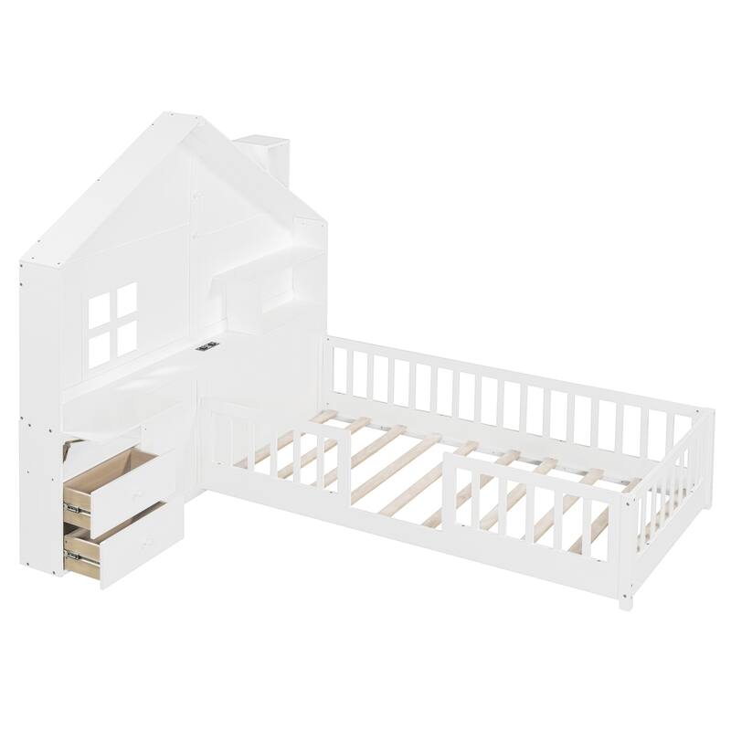 Twin Size House Platform Bed with Shelves, USB Port, and Drawers, White