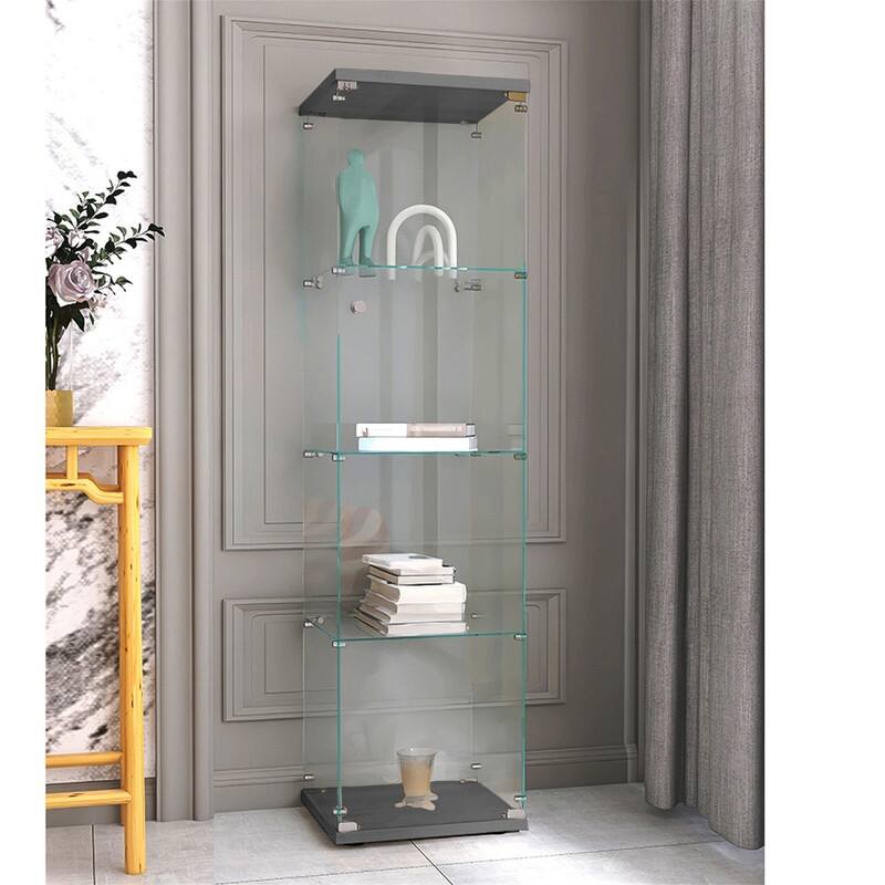 Lighted 4 Shelves Glass Display Cabinet with One Door - Black