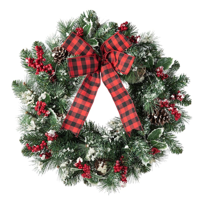 Glitzhome 24"D Snow Berry Twig Ball Pinecone Holly Pine Wreath with Lights & Timer