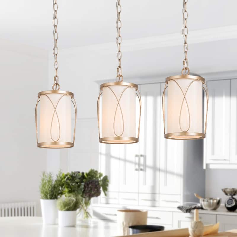 Bella Modern Farmhouse Gold Mini Pendant 1-light Adjustable Light Off-white Fabric Light Fixture - D 6"x H 10.5"